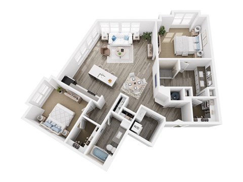 A top-down view of a house layout with a kitchen, living room, dining area, and bedrooms.